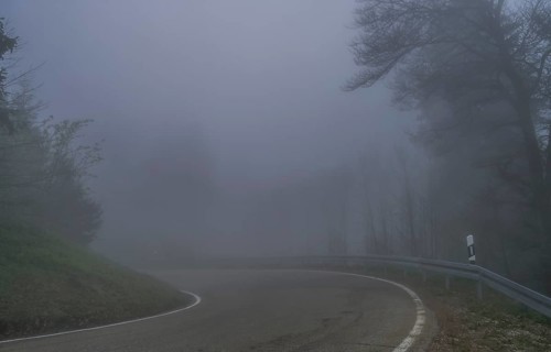 Fog, low visibility, road, forest on Blauen mountain, Badenweiler, Black Forest,
