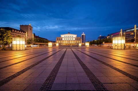 Opera, Winter Garden Tower, Krochhochhaus, Augustusplatz, evening mood, blue hour, Leipzig, Saxony,