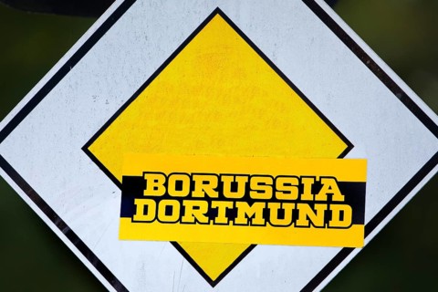 Right of way sign with Borussia Dortmund sticker, symbol photo, Dortmund, Ruhr area, North