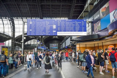 Board, departure times, station concourse, central station, Hamburg, Germany, Europe