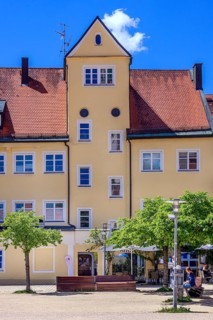 Yellow pointed gable facade on Sanlt-Mang-Platz, with space for text, Kempten, Allgaeu, Bavaria,