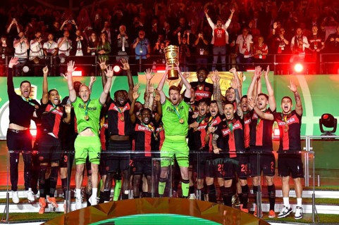 Cheering, joy, winner's celebration, honour, award ceremony of the cup winner Bayer 04 Leverkusen,