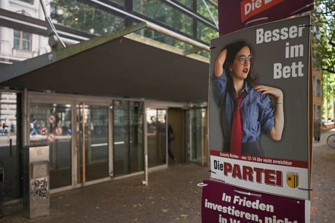 Election poster, Die Partei, election slogan BESSER IM BETT, European Election 2024, Leipzig,