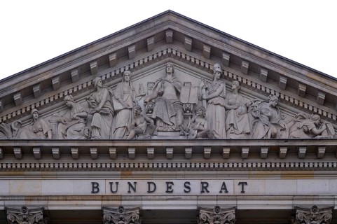 Lettering and relief in the tympanum above the main portal of the Bundesrat, Berlin, Germany,