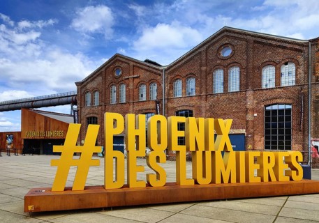 Phoenix des Lumieres lettering, light installations in the Phoenixhalle, Phoenix-West, Hoerde,
