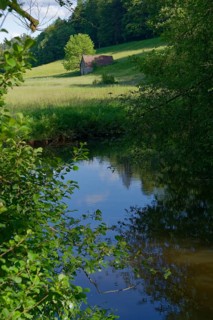 Rottal near Oberrot, cycle path, river, stream, red, green, May, Swabian-Franconian Forest nature