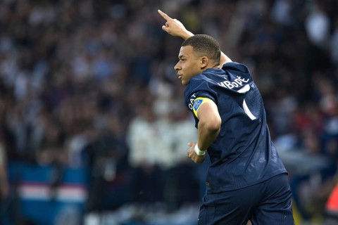 Football match, captain Kylian Mbappe' Paris St Germain has just scored 1-0 for Paris St Germain,