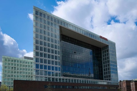 Mirror building in Hafencity, Hanseatic City of Hamburg, Hamburg, Germany, Europe