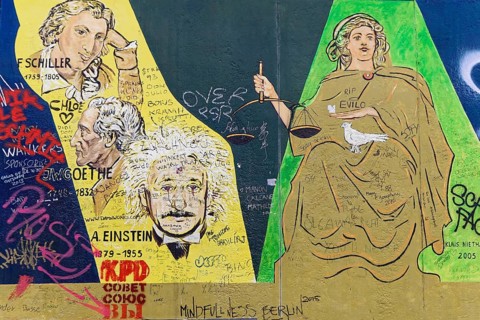 Wall art with portraits of famous personalities such as Goethe, Schiller and Einstein, murals, East
