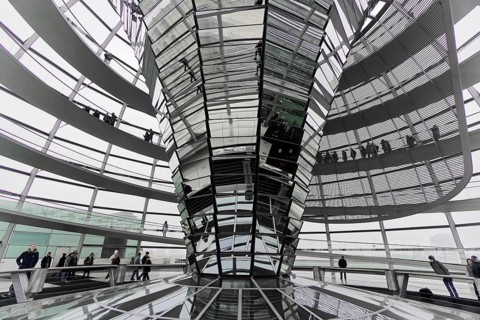 The dome of the Reichstag in Berlin. The architect Sir Norman Foster designed the steel and glass