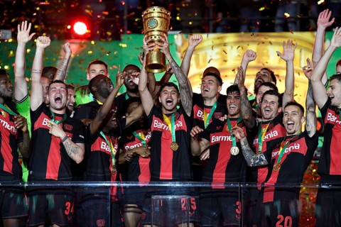 Cheering, joy, victory celebration, honour, award ceremony of the cup winner Bayer 04 Leverkusen,