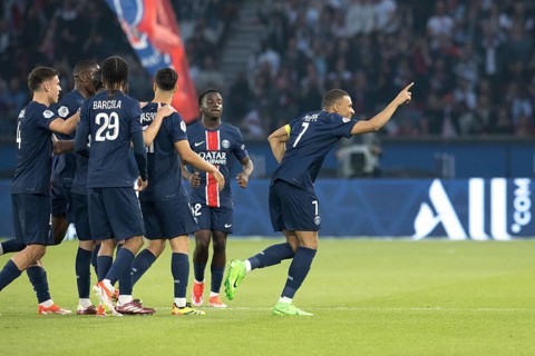 Football match, captain Kylian MBAPPE' Paris St. Germain right has just scored the 1:0 for Paris St