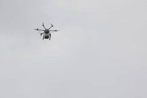 Delivery drone, photographed as part of the official opening of the drone delivery service