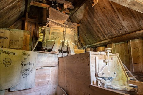 An old, fully functional flour mill, house mill, built in 1767, original location: Peterzell in the