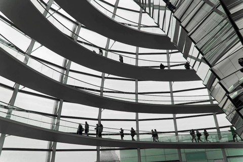 The dome of the Reichstag in Berlin. The architect Sir Norman Foster designed the steel and glass