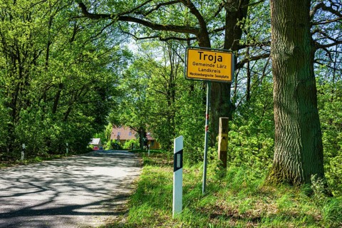 Town sign Troja Mueritz, Laerz, Mecklenburg-Vorpommern, Germany, Europe