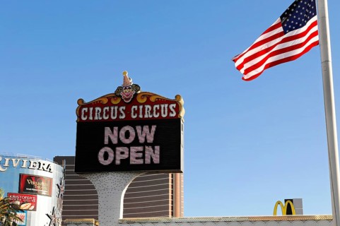 Las Vegas, Nevada, USA, North America, Sign for the Circus Circus Hotel with the inscription 'Now