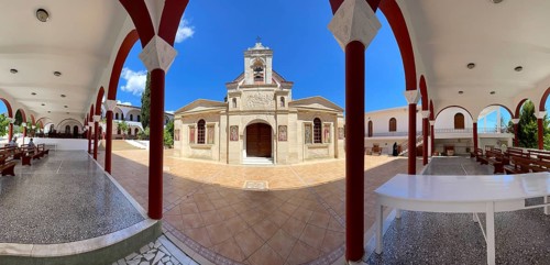Panoramic photo of historical orthodox church monastery church Zoodochos Pege in Byzantine style