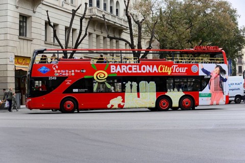 Barcelona, Catalonia, Spain, Europe, A red double-decker bus with the inscription 'Barcelona City