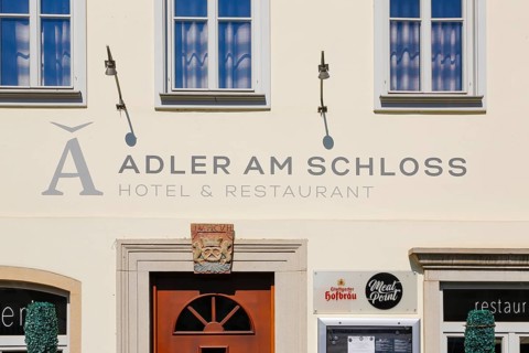 Adler am Schloss, hotel, pub, restaurant, lettering on facade, window, door, entrance, detail,