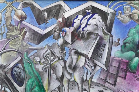 Graffiti on the Berlin Wall in the East Side Gallery, Berlin, Germany, Europe, Surrealist mural