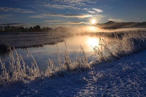River at sunrise in front of mountains, winter, Ach estuary, Uffing, Alpine foothills, Upper