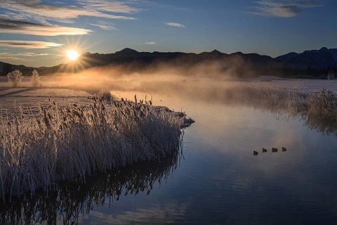 River at sunrise in front of mountains, winter, Ach estuary, Uffing, Alpine foothills, Upper