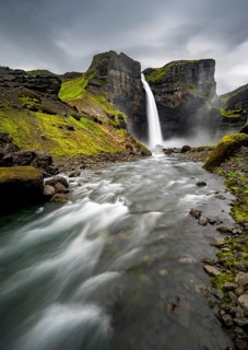 Haifoss and Granni waterfall at a canyon, Fossá í Thjórsárdal, with river í Thjórsárdal, long