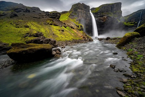 Haifoss and Granni waterfall at a canyon, Fossá í Thjórsárdal, with river í Thjórsárdal, long