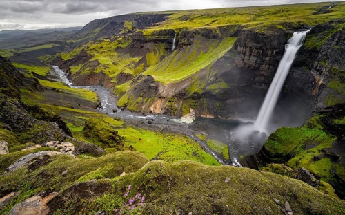 River and waterfalls at a canyon with green moss, Haifoss and Granni waterfall at a canyon, Fossá í