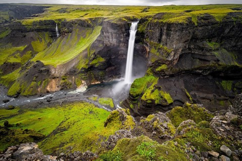 River and waterfalls at a canyon with green moss, Haifoss and Granni waterfall at a canyon, Fossá í