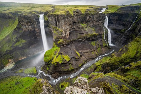River and waterfalls at a canyon with green moss, Haifoss and Granni waterfall at a canyon, Fossá í