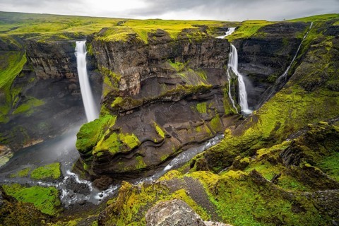 River and waterfalls at a canyon with green moss, Haifoss and Granni waterfall at a canyon, Fossá í