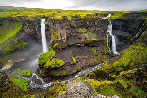 River and waterfalls at a canyon with green moss, Haifoss and Granni waterfall at a canyon, Fossá í