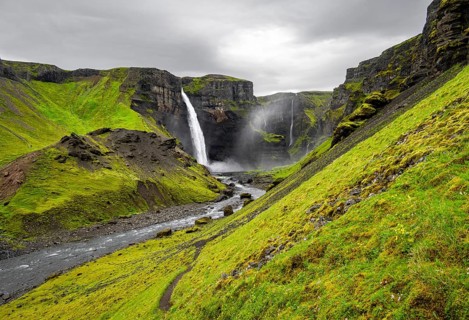 Haifoss and Granni waterfall at a canyon, Fossá í Thjórsárdal, with river í Thjórsárdal, Hekla,