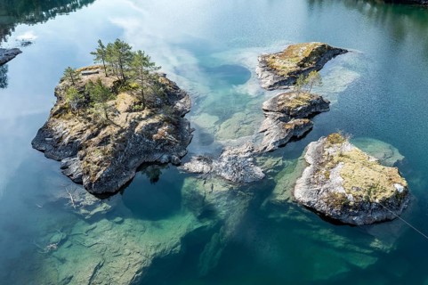 Aerial view of islands in lake Lovatnet (or: Loenvatnet), valley Lodalen south of village Loen,