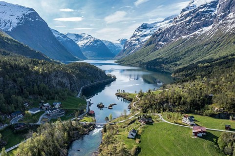 Aerial view of lake Lovatnet (or: Loenvatnet), view towards south to glacier Jostedalsbreen,