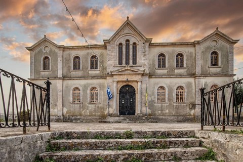 Great typical Greek town and buildings. Mediterranean cityscape in the evening at sunset on