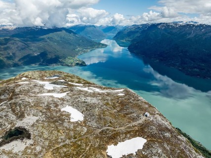 Lustrafjord, branch of Sognefjord, view towards east end to Fortun and Skjolden, hut of a weather
