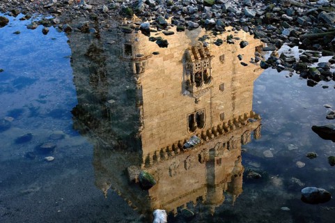 Belem Tower, in Lisbon, Portugal, reflected on Tagus river, Europe