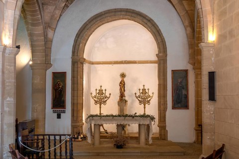 View of the church in the medieval fortress of Capdepera, Majorca