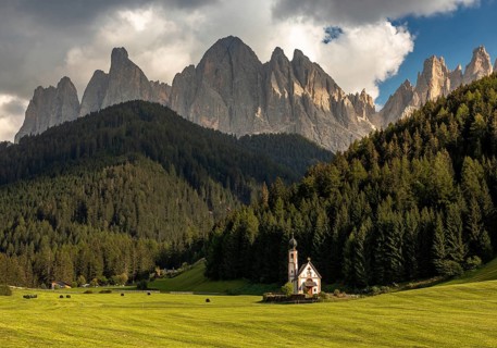 St. Johann Chapel in front of the Geisler peaks, Villnoss Valley, South Tyrol