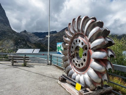 Exhibition of water turbine at reservoir dam Barrage Emosson, Finhaut, Switzerland, Europe