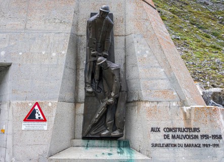 Monument in memory of workers who build the hydroelectric water dam at Lake Mauvoisin, Switzerland,