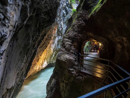 Illuminated narrow section of gorge Aareschlucht, Aare Gorge, Haslital, Switzerland, Europe