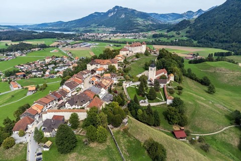 Aerial view of Gruyeres, village and castle, Switzerland, Europe