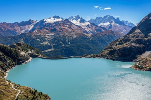 Aerial view of reservoir dam and lake lac d' Emosson, Finhaut, Switzerland, Europe