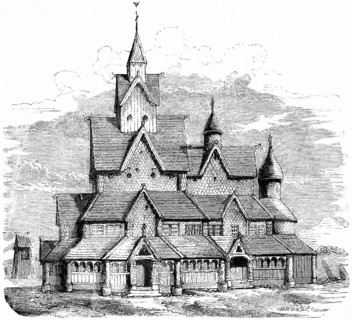 Heddal Stave Church, Norway, church building at the time of the Crusades, historical illustration