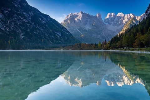 Lake Dürrensee in front of Monte Cristallo in the morning, Dolomites, South Tyrol