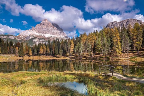 Autumn at Lake Antorno under the Three Peaks, Dolomites, South Tyrol